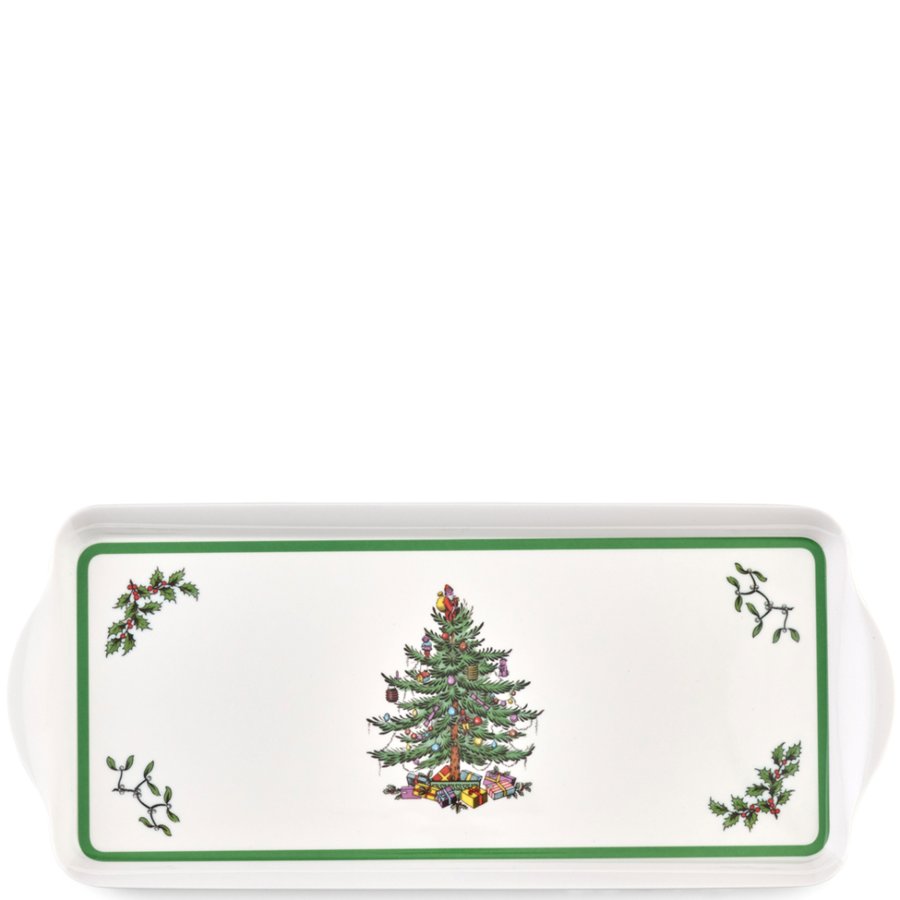 Rectangular melamine tray with Christmas tree design on a white background