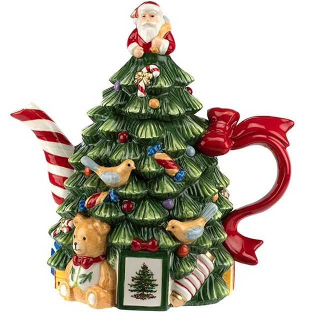 Christmas-themed mug designed like a decorated tree with Santa, ornaments, and animals.