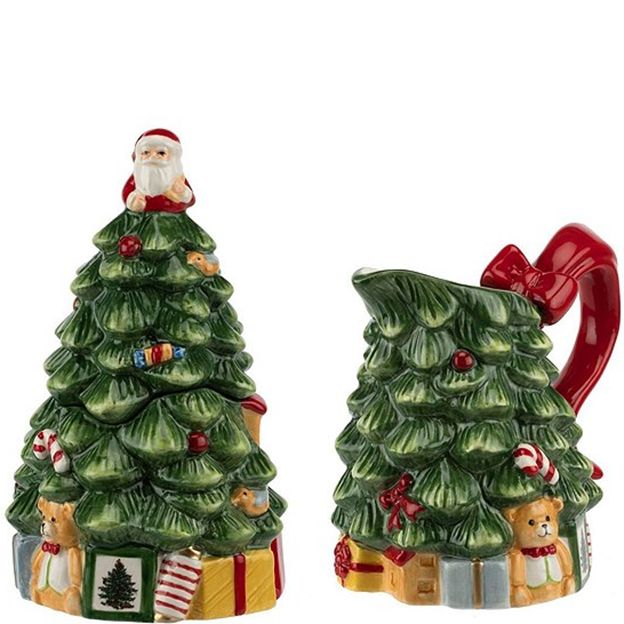 Christmas-themed salt and pepper shakers with tree design on a white background