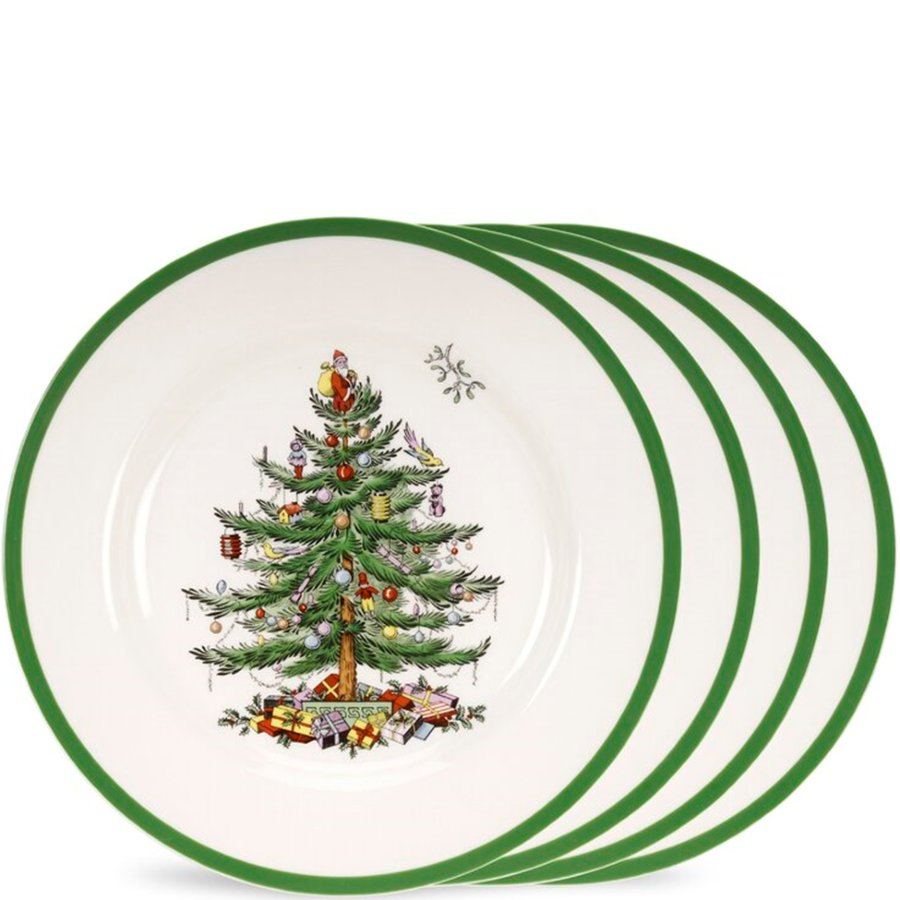 Set of 4 Salad Plates with Christmas tree design on a white background