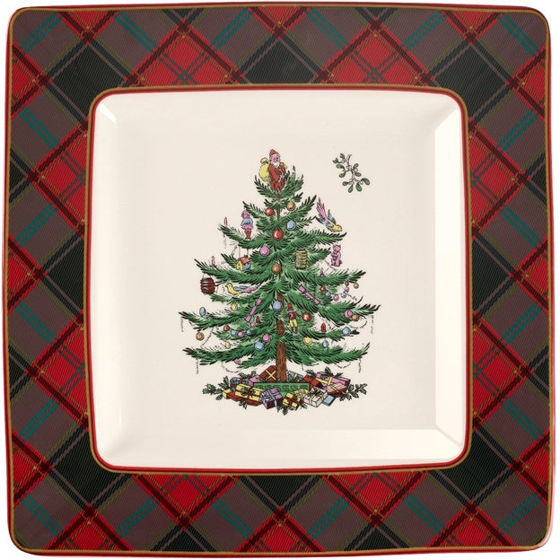 Decorative plate with Christmas tree design on a plaid background