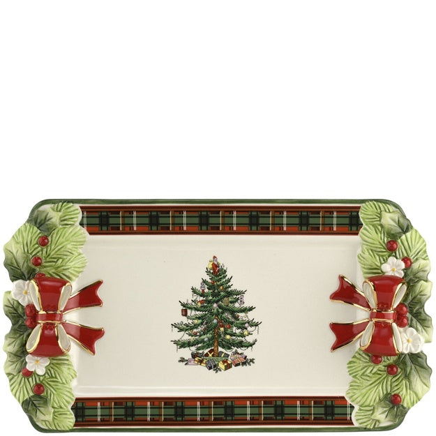 Decorative tray with Christmas tree and candy cane design on a white background