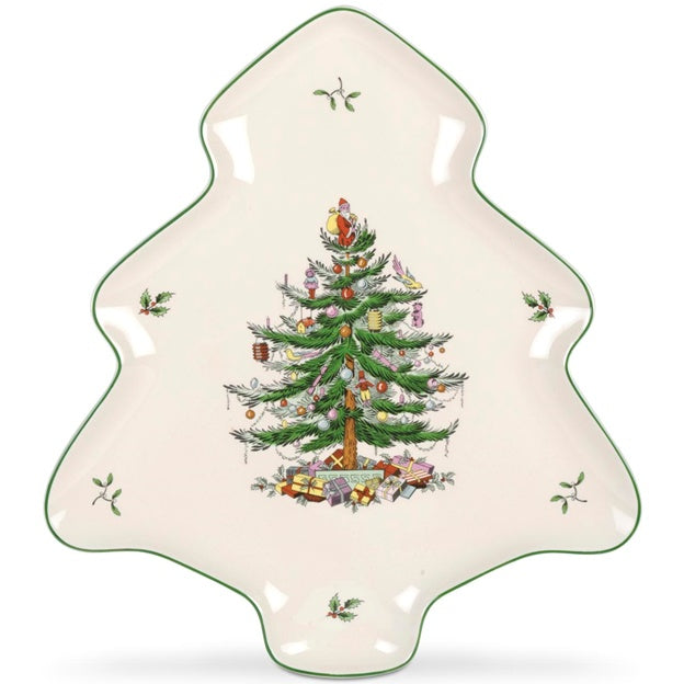 Tree-shaped ceramic plate with Christmas tree design on a white background