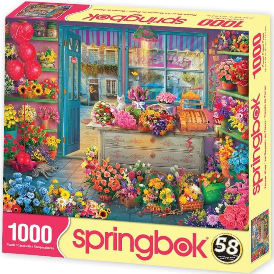 Springbok 1000-piece puzzle box with a floral shop illustration