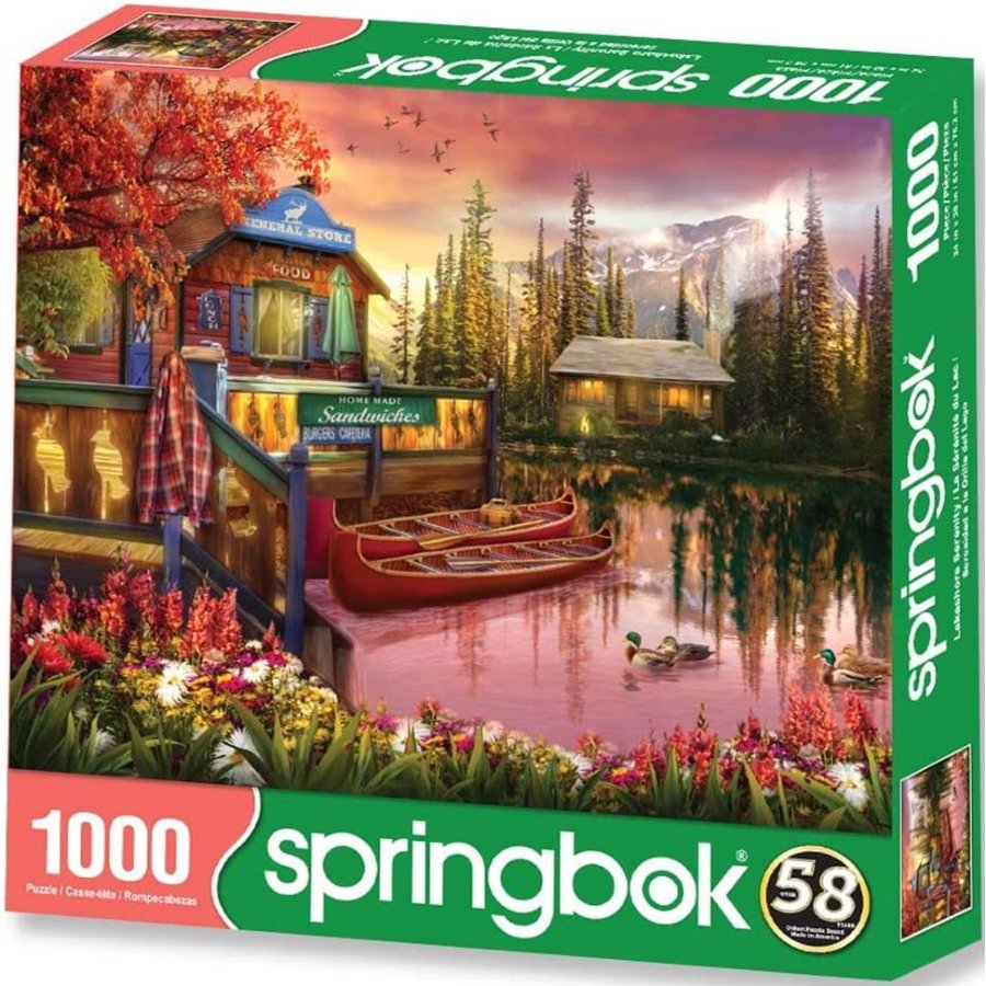 Springbok puzzle box with a scenic lake and cabin design