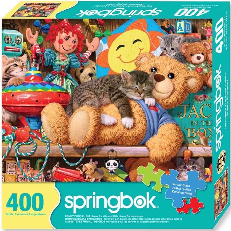 Springbok 400 piece puzzle box featuring a teddy bear and cat on a shelf with toys.
