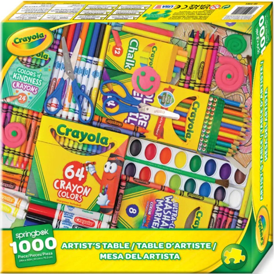 Crayola art supply set packaging with various art tools on a yellow background