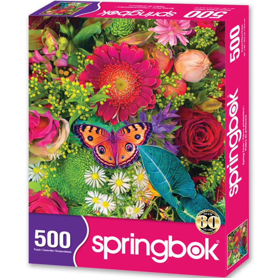 Springbok 500-piece puzzle box with colorful flowers and a butterfly on the cover.