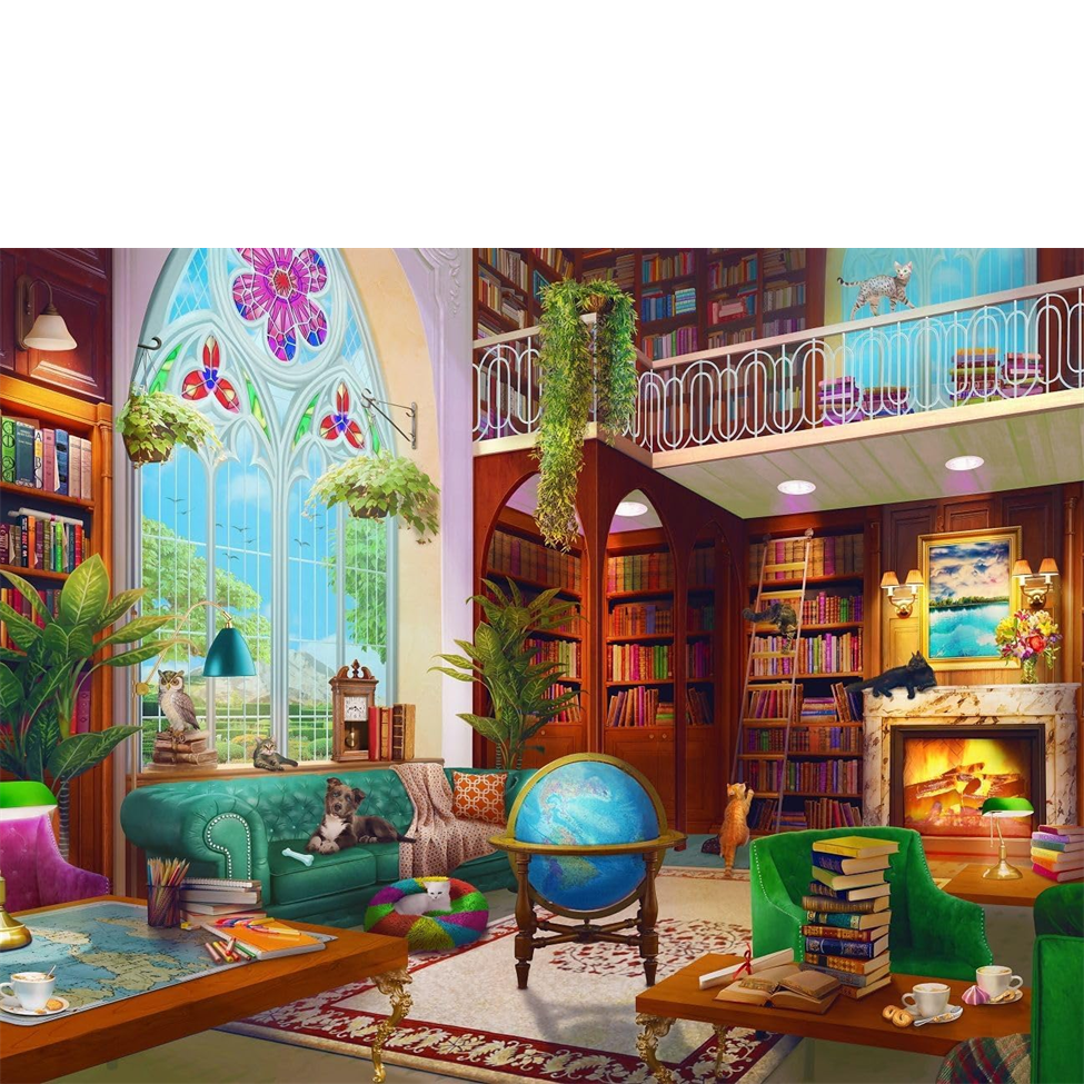 Colorful living room with bookshelves, a fireplace, and decorative elements.
