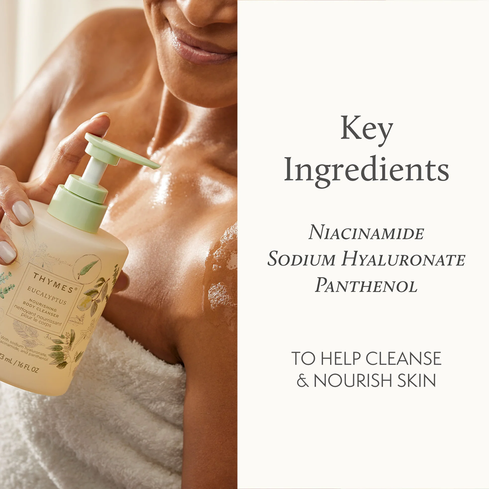 Person using a skincare product with key ingredients listed on the right