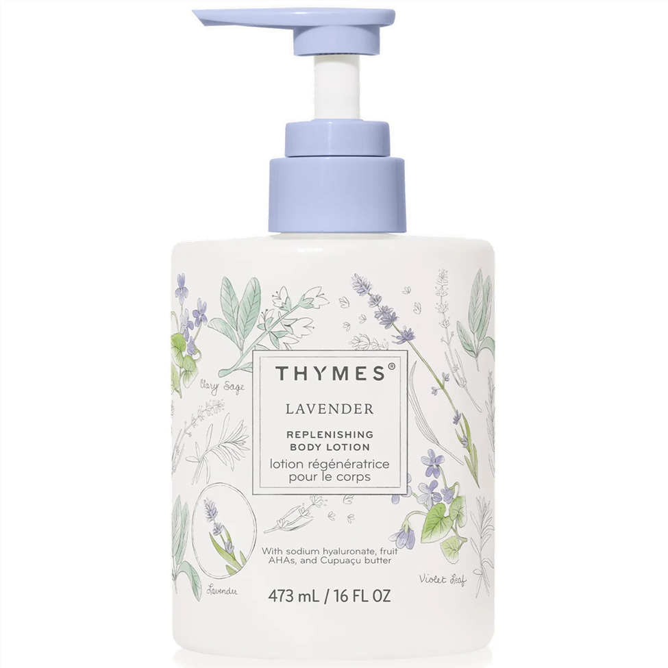 Thymes lavender replenishing body lotion with a pump on a white background