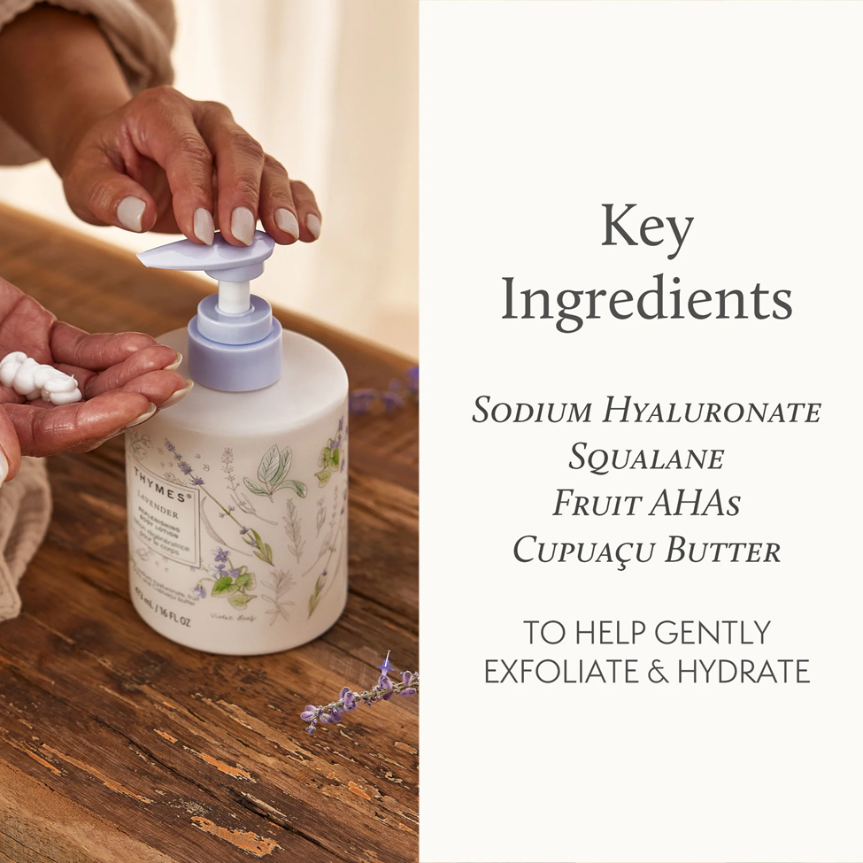 Person using a skincare product with a list of key ingredients on a wooden surface.