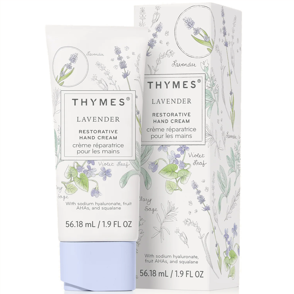 Thymes Lavender Restorative Hand Cream with packaging on a white background