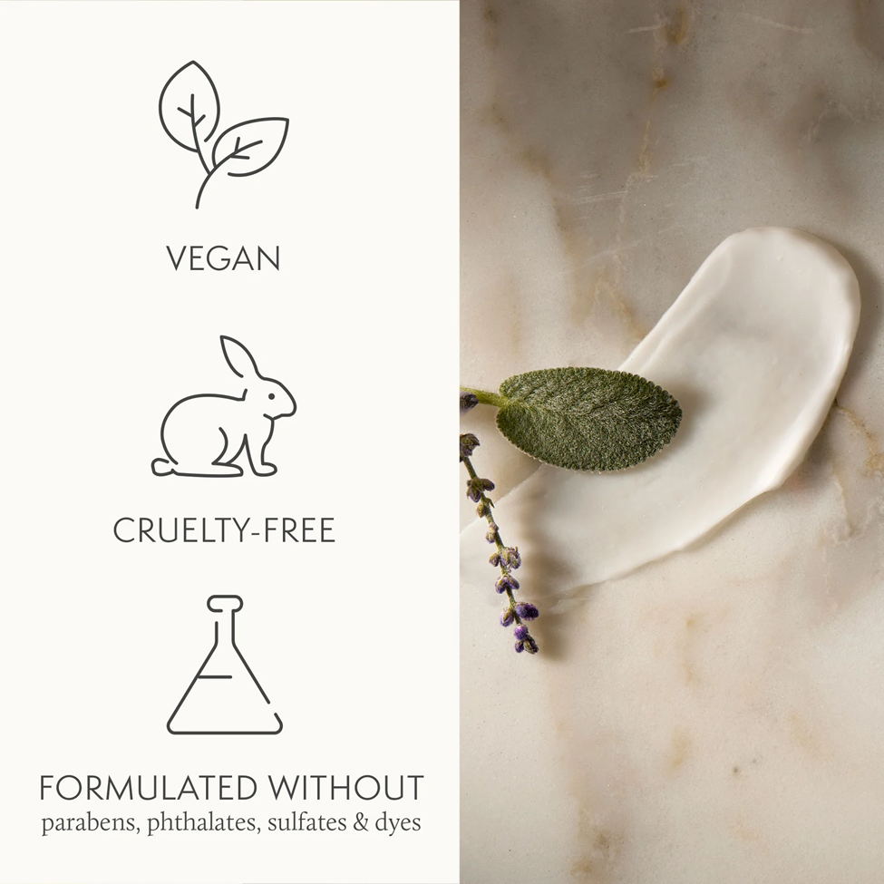 Product packaging with vegan, cruelty-free, and sulfate-free icons on a marble background.