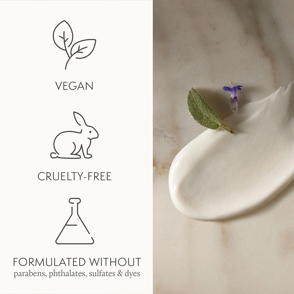 Product packaging with vegan, cruelty-free, and safe ingredient declarations on a marble surface.