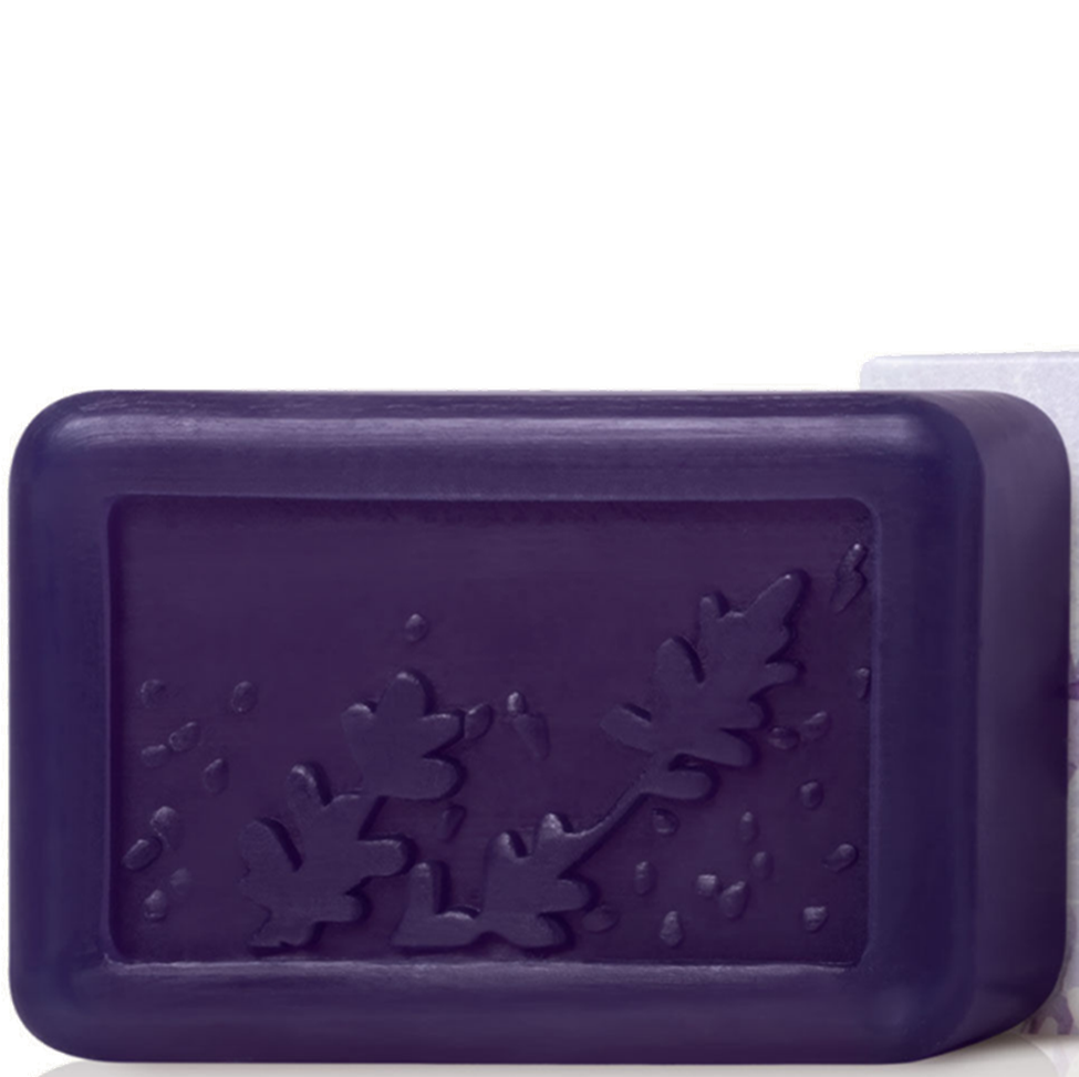 Purple rectangular soap with leaf design on a white background