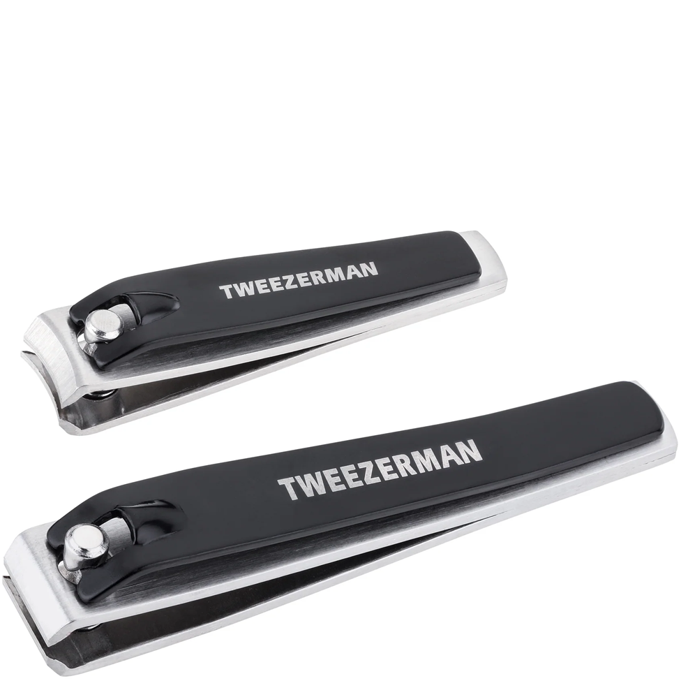 Two black and silver nail clippers with 'Tweezerman' branding on a white background.