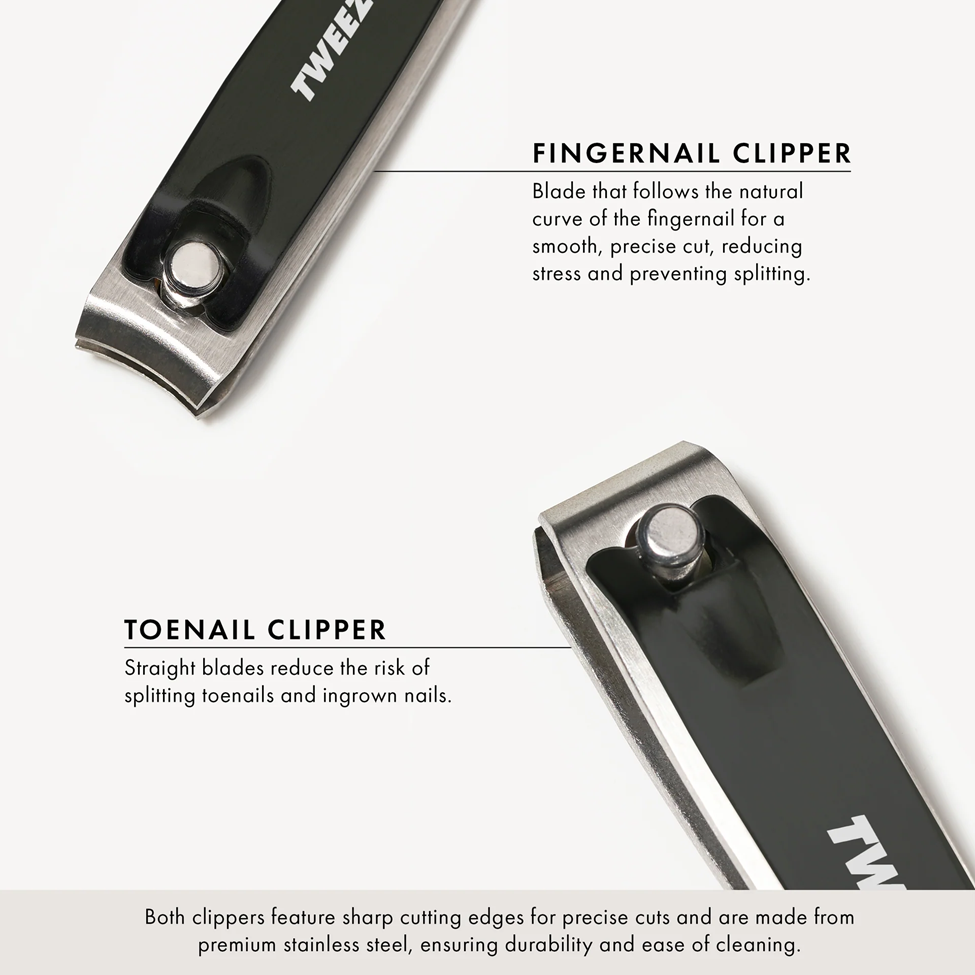 Tweezerman fingernail and toenail clippers with text on a white background