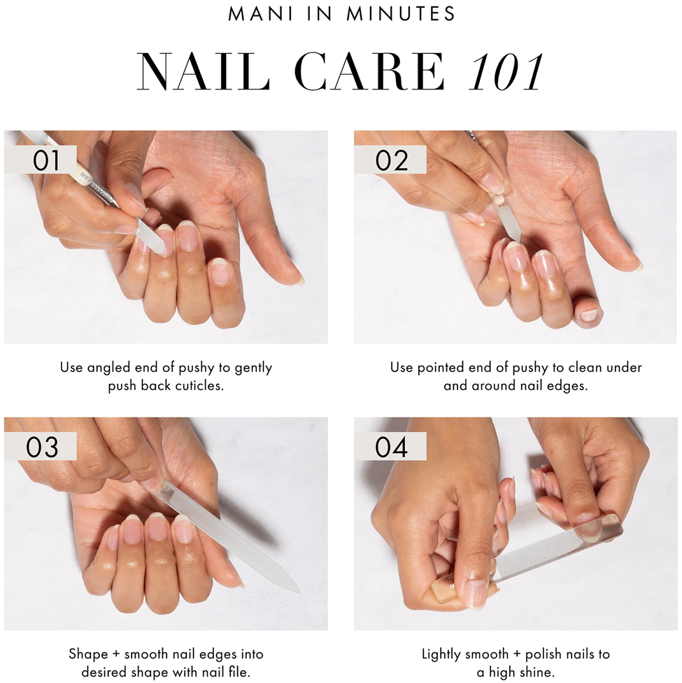 Step-by-step nail care guide with text instructions on a white background