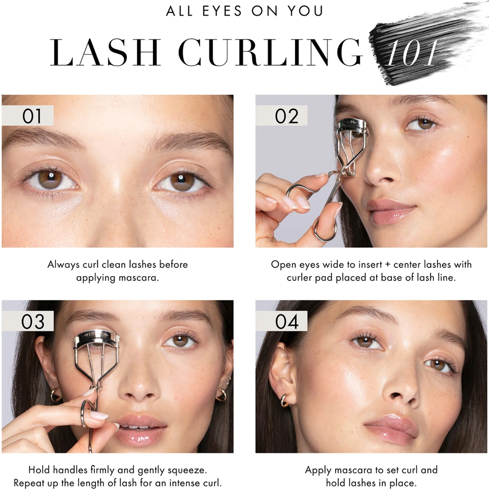 Step-by-step guide on using a lash curler with close-up shots of a woman's eyes.