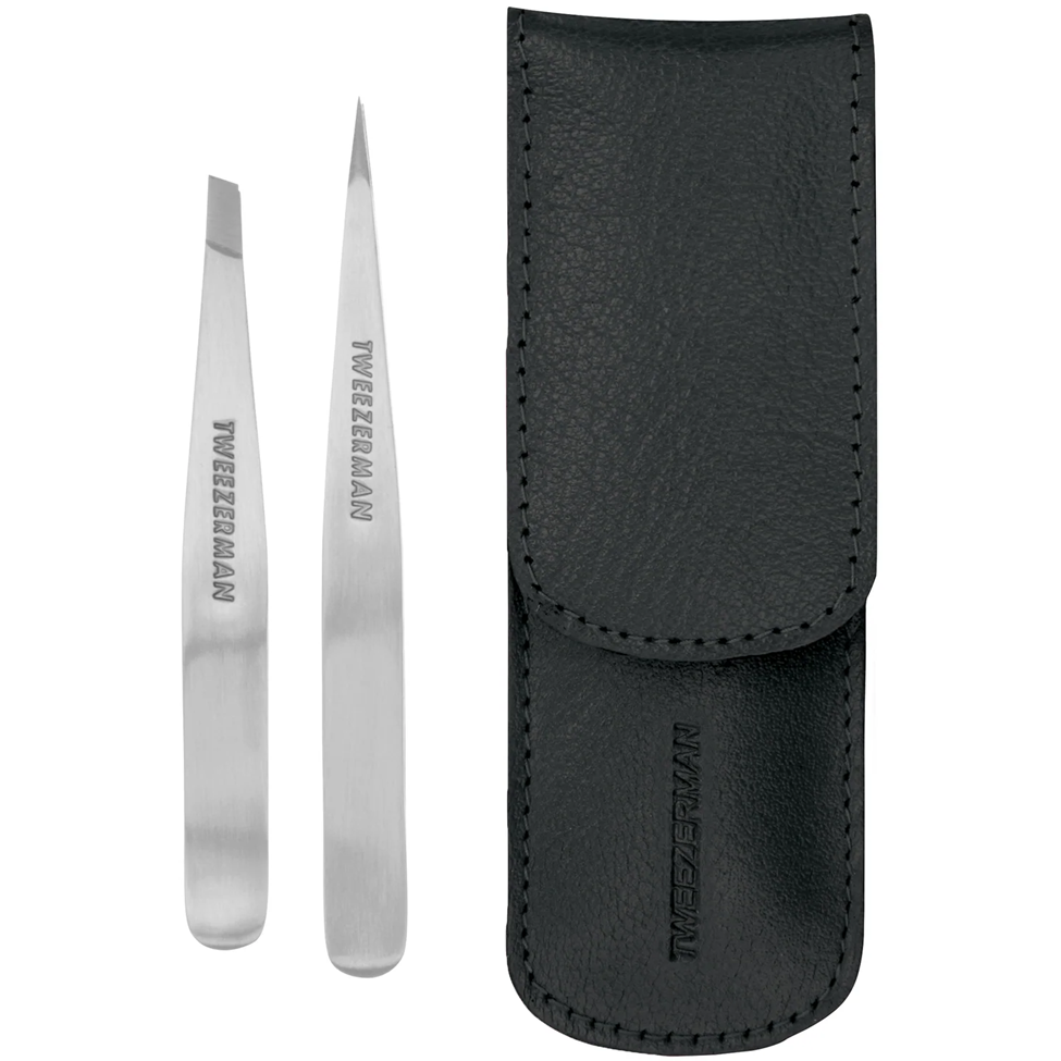 Two silver tweezers with 'Weeleman' branding next to a black leather case on a white background.