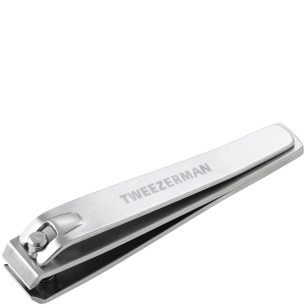 Silver nail clipper with 'Tweezerman' branding on a white background