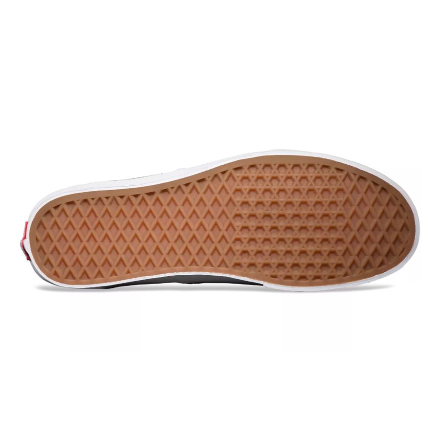 Close-up of a shoe sole with brown rubber and white edge on a white background