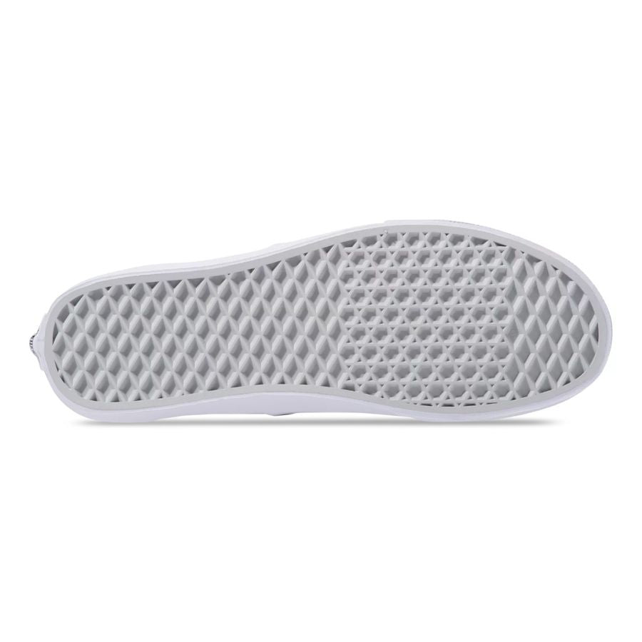 Close-up of a white sneaker sole with a textured pattern on a white background
