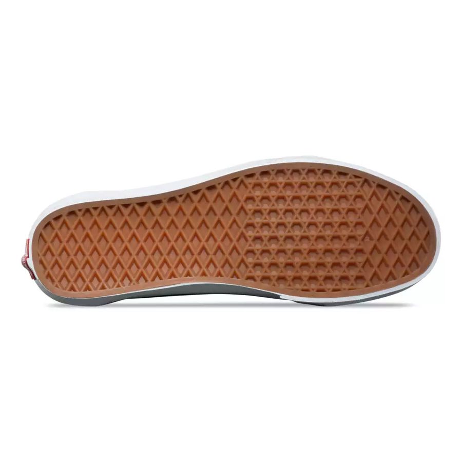 Close-up of a shoe sole with brown rubber and white border on a white background
