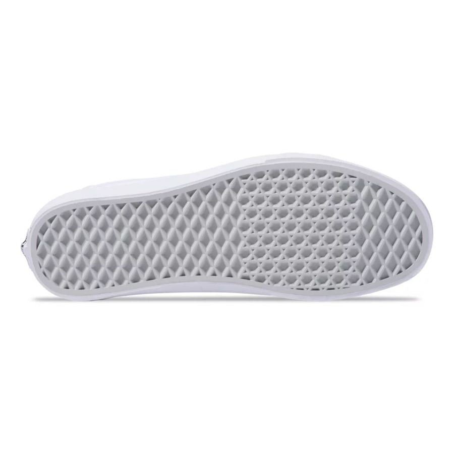Close-up of a white sneaker sole with a textured pattern on a white background