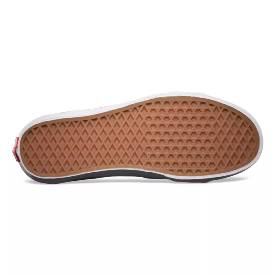 Close-up of a shoe sole with brown rubber and white border on a white background