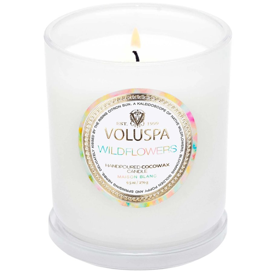 Voluspa Wildflowers candle with a colorful label on a white background