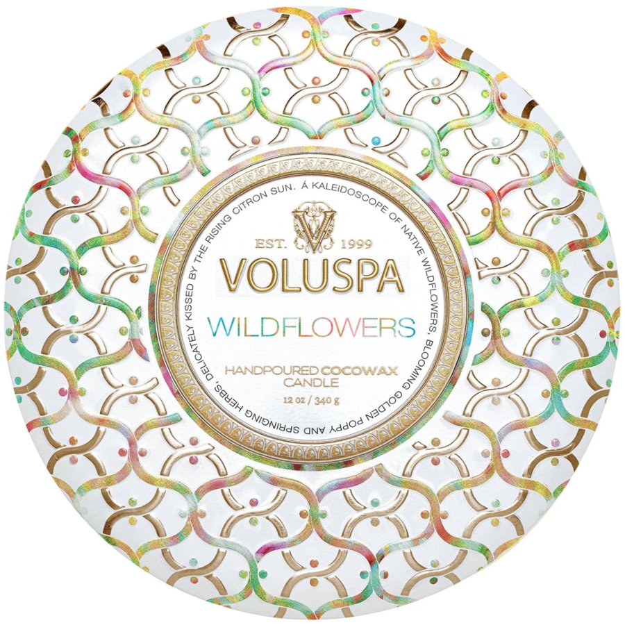 Voluspa Wildflowers candle packaging with decorative patterns on a white background