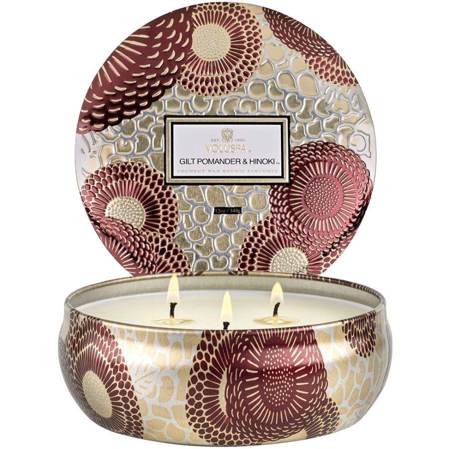 VOLUSPA Gilt Pomander & Hinoki 3-Wick Round Tin