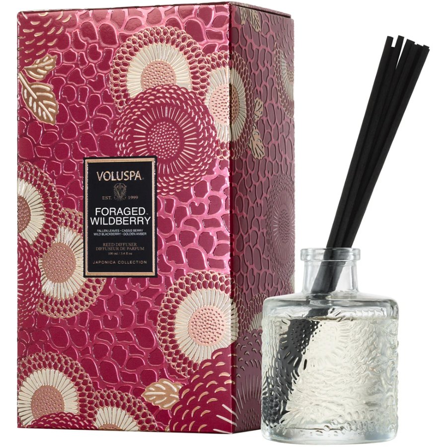 Voluspa Foraged Wildberry diffuser with decorative box on a white background