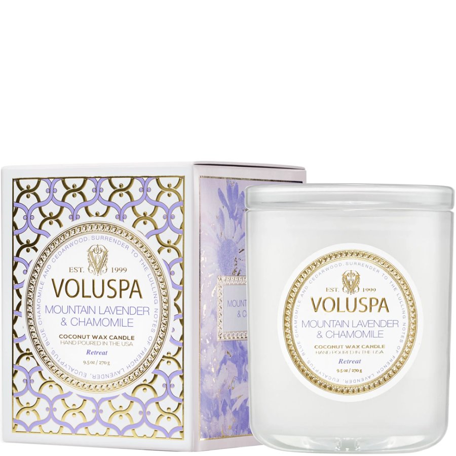 Voluspa candle with packaging on a white background
