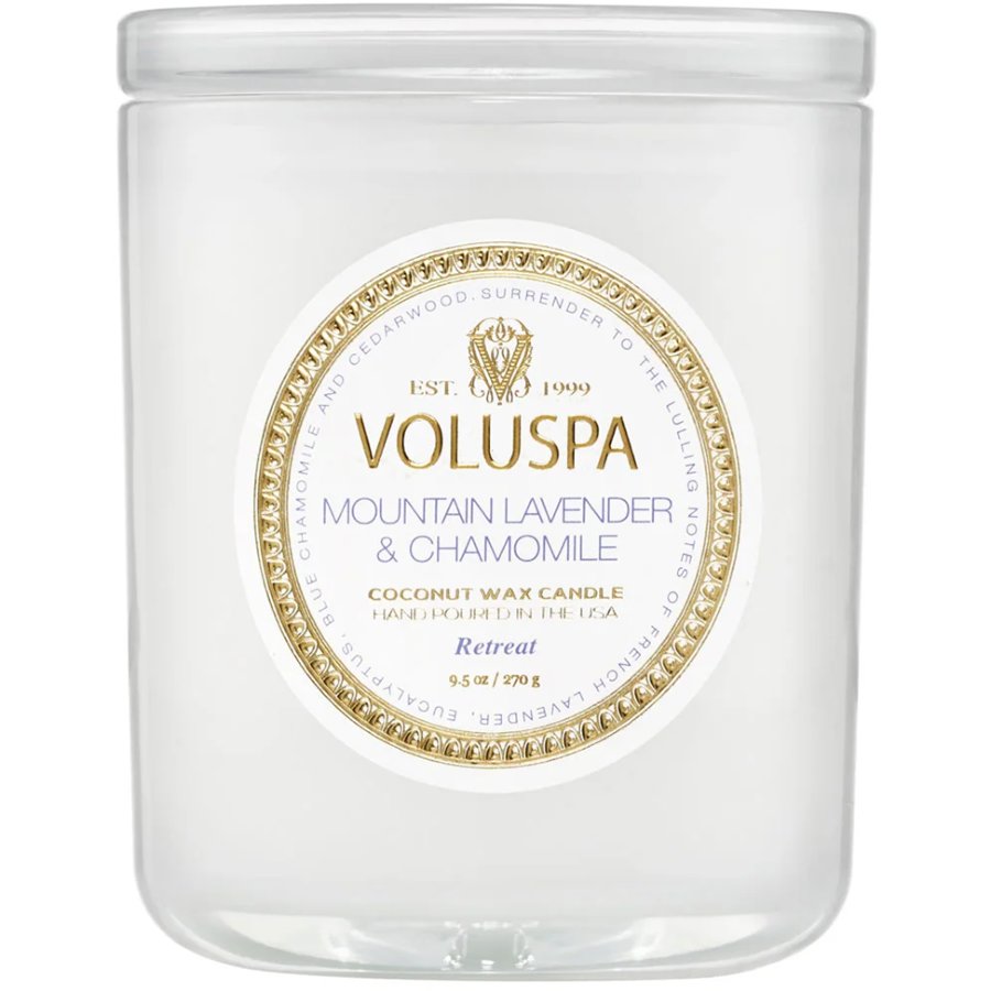 Voluspa candle with mountain lavender and chamomile fragrance on a white background