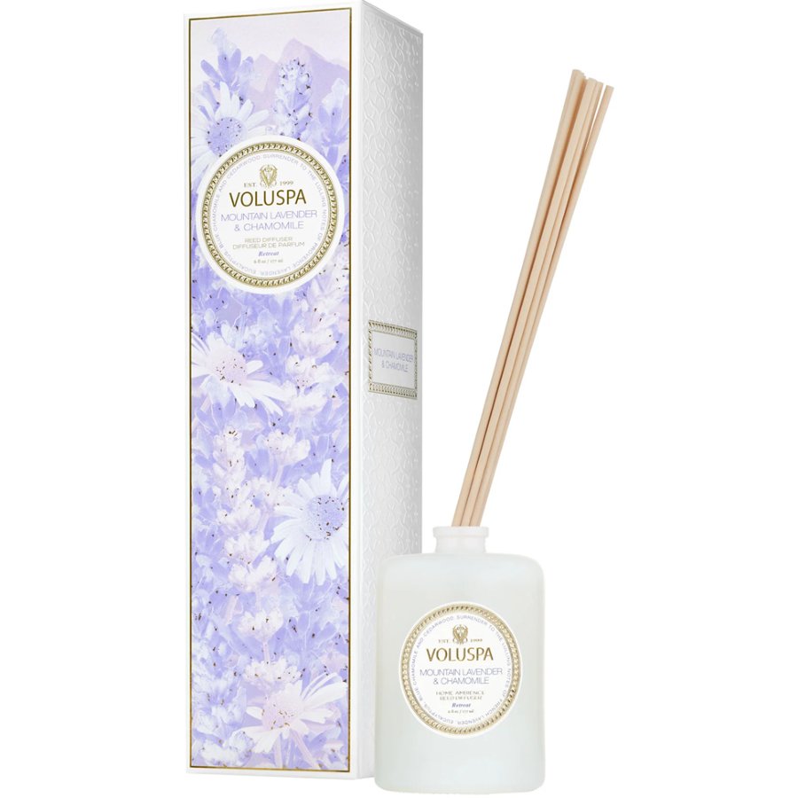 VOLUSPA diffuser set with floral packaging on a white background