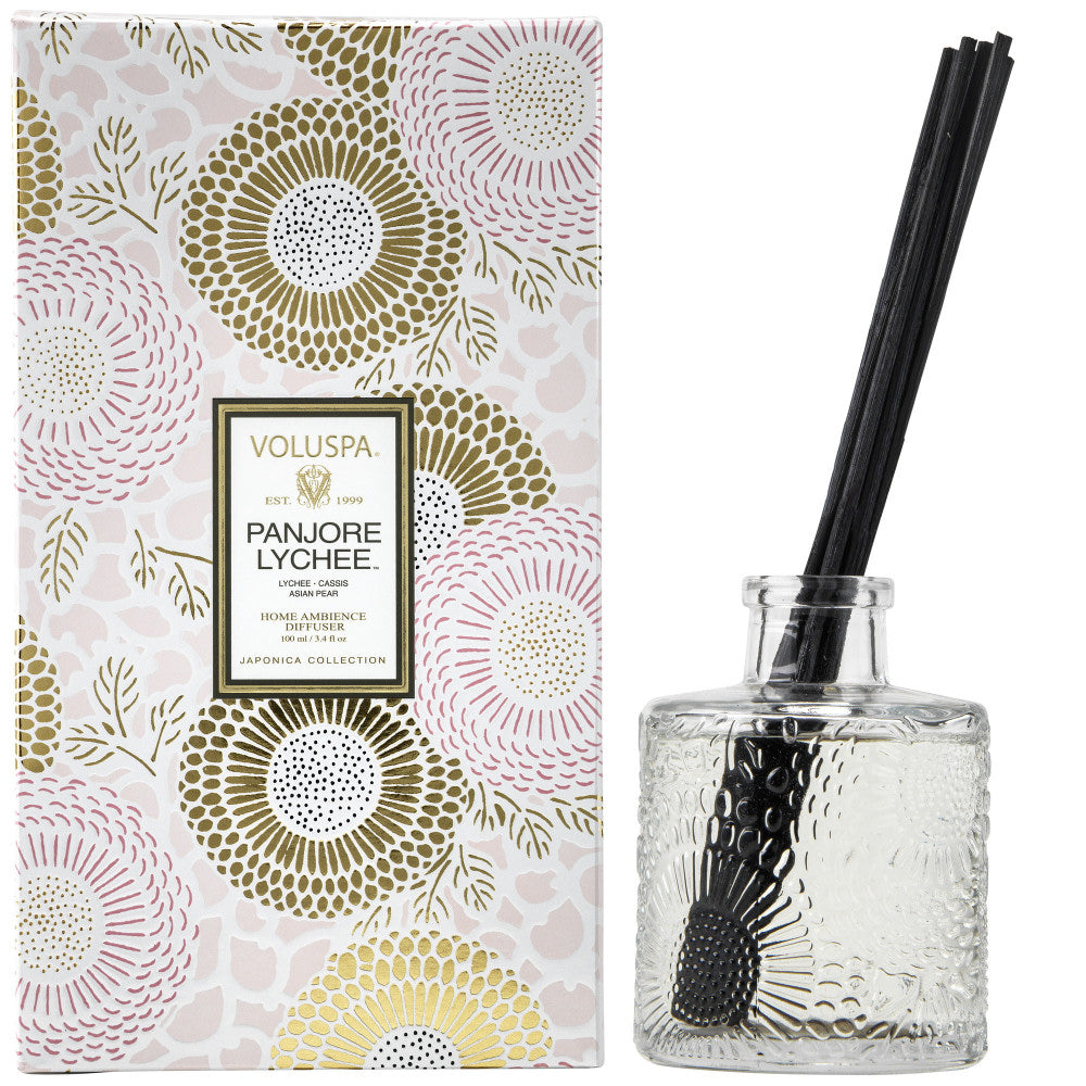Voluspa Panjore Lychee diffuser with packaging featuring floral patterns.