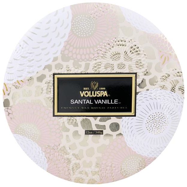 Voluspa Santal Vanille candle packaging with floral design