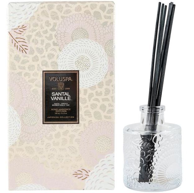 Voluspa Santal Vanille diffuser with packaging on a white background
