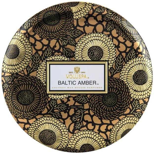 Wolseley Baltic Amber scented candle tin with decorative gold and black pattern