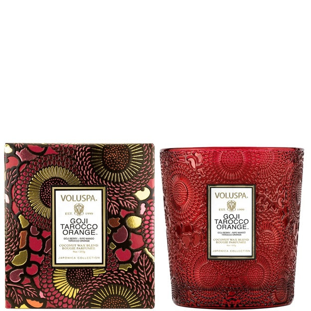 Voluspa Goji Tarocco Orange candle and packaging on a white background