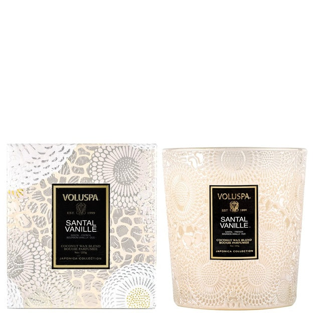 Voluspa Santal Vanille candle and packaging on a white background