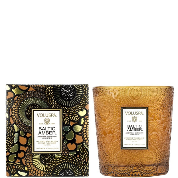 Voluspa Baltic Amber candle and packaging on a white background