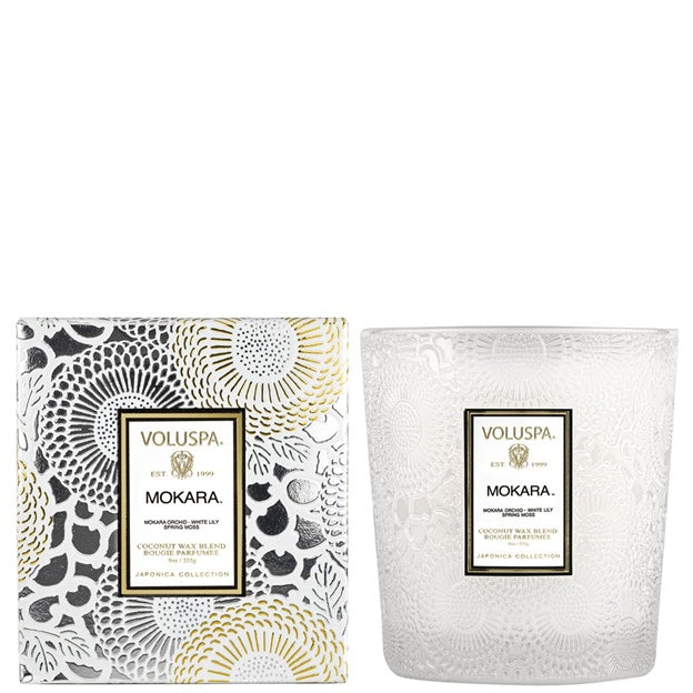 Voluspa Mokara candle and packaging on a white background
