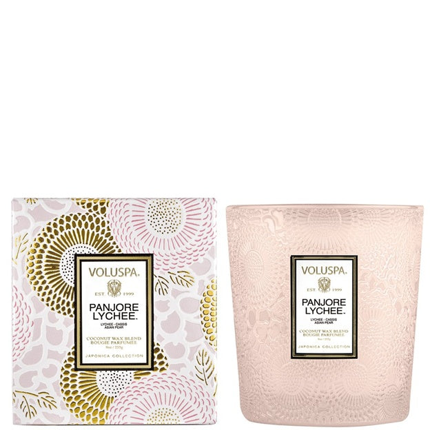 Voluspa Panjore Lychee candle and packaging on a white background