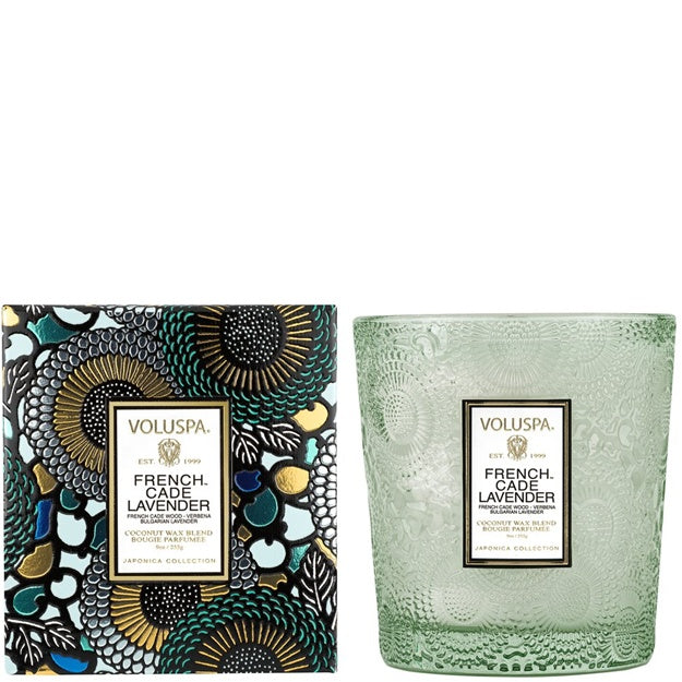 Voluspa French Cade Lavender candle and packaging on a white background