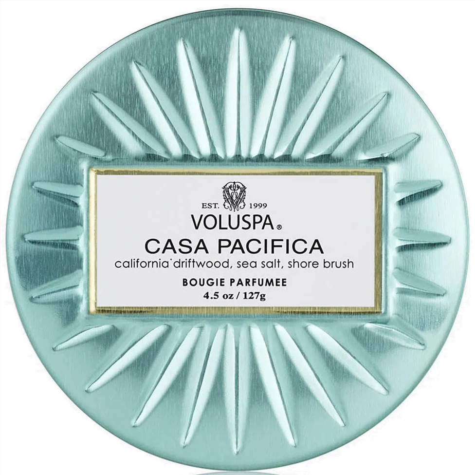Voluspa Casa Pacifica candle packaging with decorative design