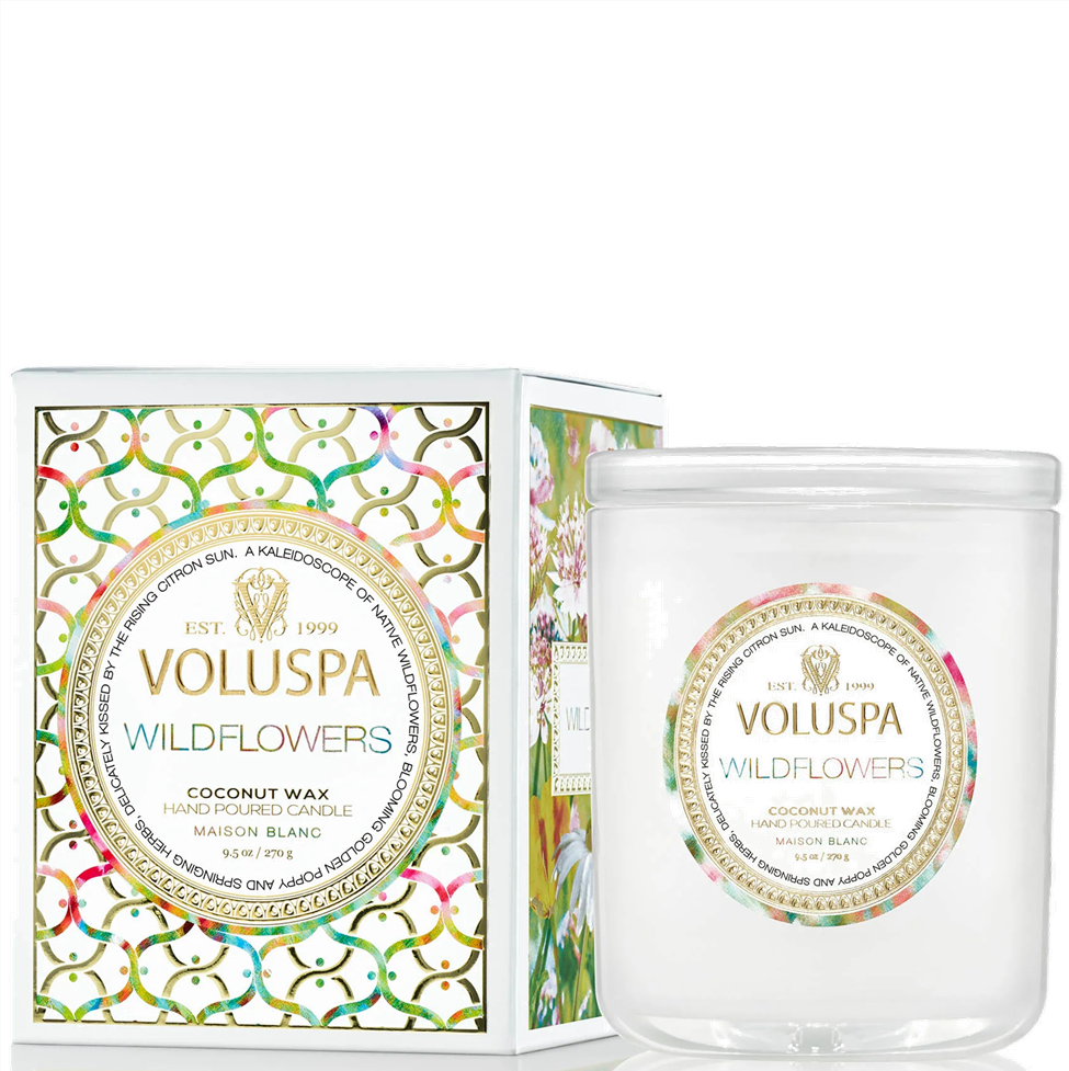 Voluspa Wildflowers candle and packaging on a white background